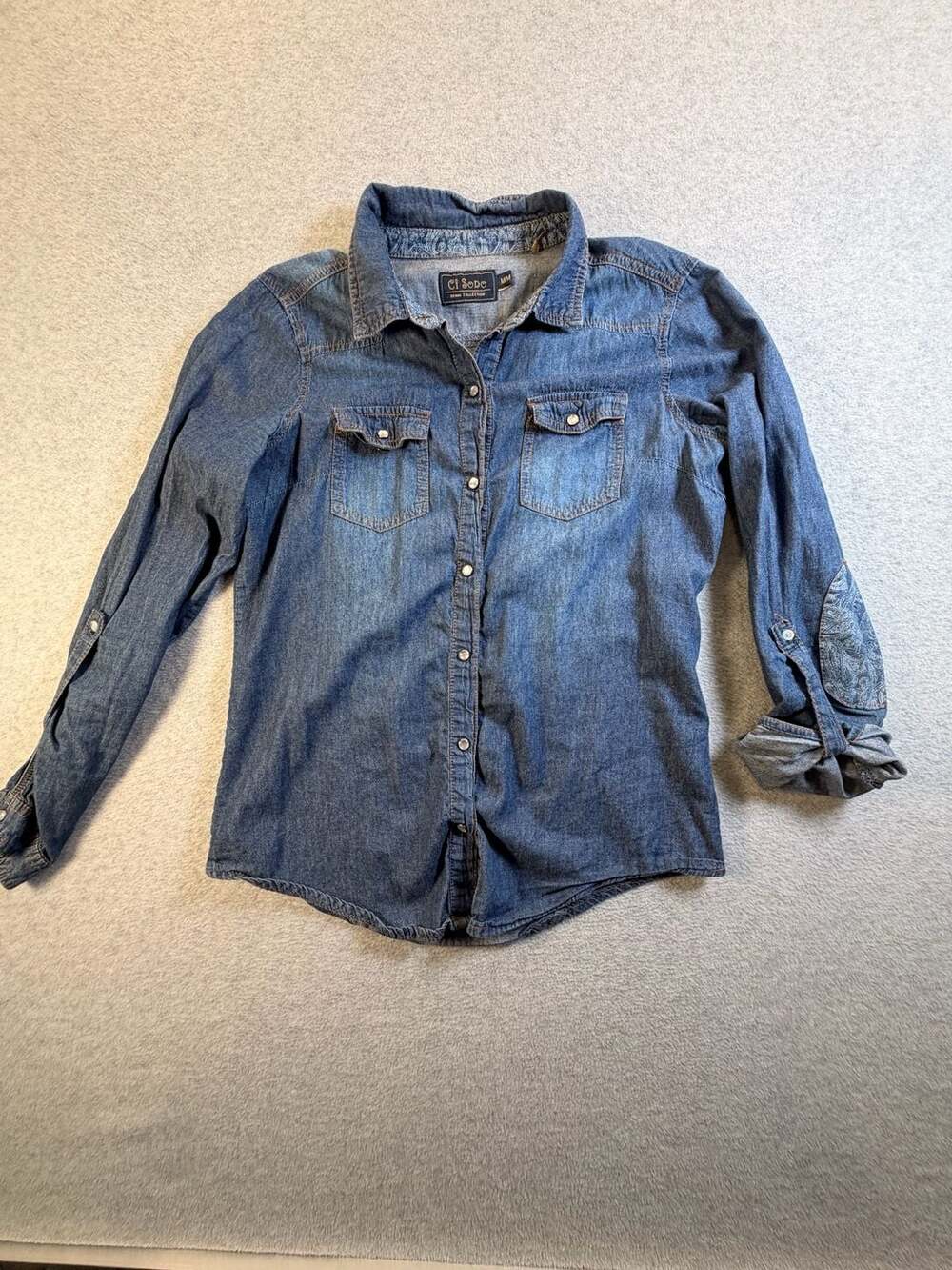 Ci Sono Denim Shirt Size M Blue Paisley Elbow Patches Snap Western